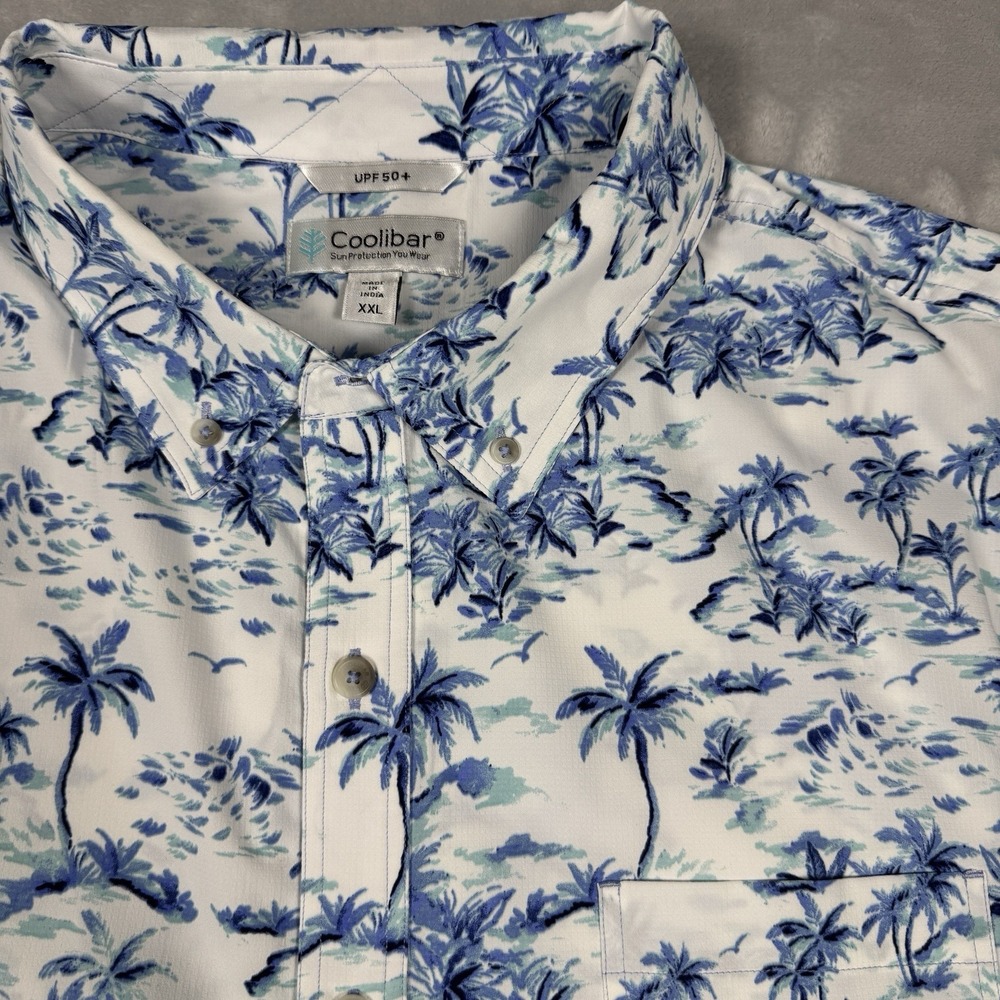 Coolibar L/S Button Down Shirt Mens Size XXL White Blue Palm Trees UPF 50+